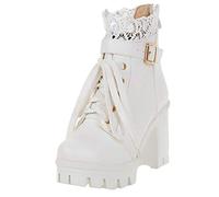 PAIDAXING Ladies Ankle Boots Elegant Chunky High Heel Short Boots Round Toe Lace Trim Platform Boots Woemn's Black White Leather Slip On Bootd with Buckle
