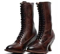 PAIDAXING Ladies Lace Up Boots Calf Length Victorian Boots Women Leather Louis Heel Womens Vintage Ankle Boots Steampunk Gothic