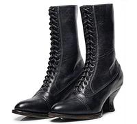 PAIDAXING Ladies Lace Up Boots Calf Length Victorian Boots Women Leather Louis Heel Womens Vintage Ankle Boots Steampunk Gothic