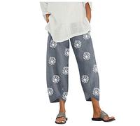 PAIDAXING Linen Trousers Womens Cropped Trousers Elasticated Waist Summer Trousers Ladies Capri Pants Hippie Harem Trousers Casual Cotton Linen Tropical Beach Trousers Palazzo Trousers Yoga Pants