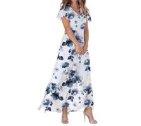 PAIDAXING Maxi Dresses for Women UK Elegant Floral Print Summer Chiffon Dress Ruffle Short Sleeves V Neck Boho Beach Dress Ladies Flowy Wedding Guest Long Dresses Casual A Line Vacation Sundress