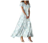 PAIDAXING Maxi Dresses for Women UK Elegant Floral Print Summer Chiffon Dress Ruffle Short Sleeves V Neck Boho Beach Dress Ladies Flowy Wedding Guest Long Dresses Casual A Line Vacation Sundress