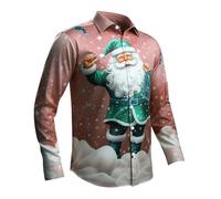 PAIDAXING Men's Christmas Shirts Funny Santa Clus Digital 3D Printed Tops Casual Button Down Lapel Long Sleeve Polo Shirts Graphic Xmas Tshirts Blouse Christmas Outfits for Men UK Watermelon Red