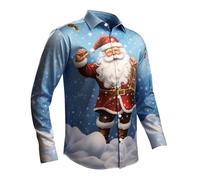 PAIDAXING Men's Christmas Shirts Funny Santa Clus Digital 3D Printed Tops Casual Button Down Lapel Long Sleeve Polo Shirts Graphic Xmas Tshirts Blouse Christmas Outfits for Men UK Light Blue