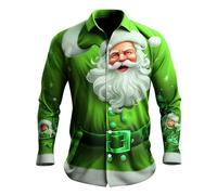 PAIDAXING Men's Christmas Shirts Funny Santa Clus Digital 3D Printed Tops Casual Button Down Lapel Long Sleeve Polo Shirts Graphic Xmas Tshirts Blouse Christmas Outfits for Men UK Green