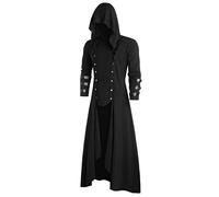 PAIDAXING Mens Gothic Vintage Long Jacket Retro Steampunk Wind Cloak Coat Hooded Button Down Medium Length Coat Tuxedo Jacket Uniform Tailcoat Renaissance Cosplay Costumes for Halloween Party