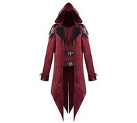 PAIDAXING Men's Medieval Knight Hooded Uniform Tailcoat - Halloween Retro Patchwork Swordsman Coat, Historical Costume for Renaissance Cosplay, Fantasy Theme Events, Vintage Outfits Red