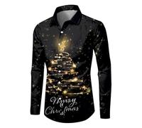 PAIDAXING Mens Shirt Novelty Christmas Tree Santa Reindeer Printed Tops Casual Lapel Button Down Long Sleeve Shirts for Men Graphic Ugly Suits Regular Fit Top Blouse Black