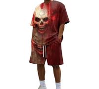 PAIDAXING Mens Shorts and T Shirts Sets Bloody Skull Print Tshirts, Elastic Waist Drawstrings Shorts with Pockets Lightweight Breathable Jogging Tracksuits Sets Summer Comfy Holiday 2 Piece Outfits