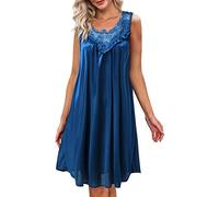 PAIDAXING Nightdresses for Women UK Fashion Lace Patchwork Round Neck Nighties Casual Solid Knee Length Tank Night Dress Ladies Loose Fit Swing Nightgown Sleepwear Loungewear
