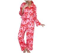 PAIDAXING Pyjamas for Women Pink Bow Print Silk Satin Two Piece Pyjama Sets Long Sleeve Button Down Bride Pjs Comfy Ladies Valentine's Day Sleepwear Loungewear All Seasons
