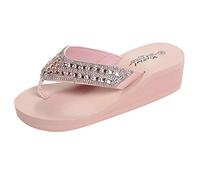 PAIDAXING Sandals for Women Sparkly Wedge Heel Platform Flip Flops Thick Sole Rhinestones T-Straps Beach Sandal Elegant Roman Slides Non-Slip Walking Flatform Shoes