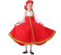 PAIDAXING Slavic Folk Girl Costume Set with Embroidered Dress & Floral Headdress - Ukrainian Russian Halloween, Book Week Performance, Cultural Festival Outfit for Kids