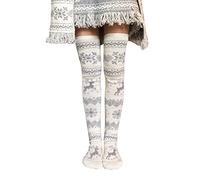PAIDAXING Thigh High Stockings for Autumn & Winter - Women's Deer Jacquard Christmas Socks - Knitted Wool Stockings - Petite Skeleton Bodysuits
