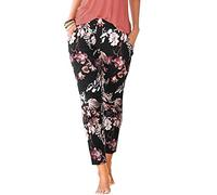 PAIDAXING Trousers for Women UK Lightweight Boho Beach Pants Vintage Floral Print Harem Jogger Loose Fit Elastic Waist Trousers with Pocket Ladies Summer Thin Breathable Yoga Workout Pants Joggers