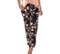 PAIDAXING Trousers for Women UK Lightweight Boho Beach Pants Vintage Floral Print Harem Jogger Loose Fit Elastic Waist Trousers with Pocket Ladies Summer Thin Breathable Yoga Workout Pants Joggers