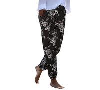 PAIDAXING Trousers for Women UK Lightweight Boho Beach Pants Vintage Floral Print Harem Jogger Loose Fit Elastic Waist Trousers with Pocket Ladies Summer Thin Breathable Yoga Workout Pants Joggers