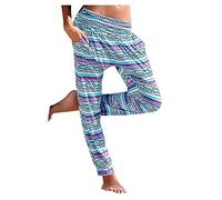 PAIDAXING Trousers for Women UK Lightweight Boho Beach Pants Vintage Floral Print Harem Jogger Loose Fit Elastic Waist Trousers with Pocket Ladies Summer Thin Breathable Yoga Workout Pants Joggers