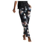 PAIDAXING Trousers for Women UK Lightweight Boho Beach Pants Vintage Floral Print Harem Jogger Loose Fit Elastic Waist Trousers with Pocket Ladies Summer Thin Breathable Yoga Workout Pants Joggers
