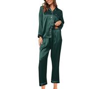 PAIDAXING Women Bow Print Silk Satin Pyjama Women's Heart Print Pyjama Loungewear Set 2 Piece Loungewear Button Down Ladies Pyjamas Long Sleeve Top and Pants Sleepwear for Ladies All Seasons