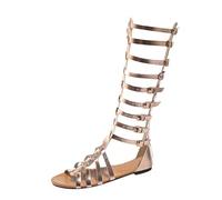 PAIDAXING Women Gladiator Sandals Knee High Boots Tie Up Retro Flat Sandals Cut Out Lace-Up Teen Girls Fashion Casual Workout Holiday Shoes