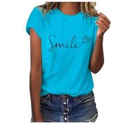PAIDAXING Women Smile Letter Print Summer T-Shirt Crew Neck Short Sleeve Ladies Casual Tie Dye Butterfly Graphic Tee Tops Fashion Slim Fit Round Neck Petite Shirts Tops for Women UK