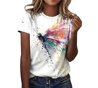 PAIDAXING Women Smile Letter Print Summer T-Shirt Crew Neck Short Sleeve Ladies Casual Tie Dye Butterfly Graphic Tee Tops Fashion Slim Fit Round Neck Petite Shirts Tops for Women UK