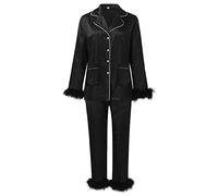 PAIDAXING Womens 2 Pcs Pajama Sets Long Sleeve Silk Satin Pajama with Feather Trim Brides Nightwear Ladies Casual Solid Lapel Button Down Loungewear with Long Pants Autumn Sleepwear Sets Black