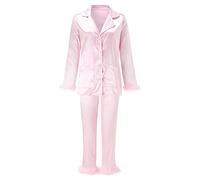 PAIDAXING Womens 2 Pcs Pajama Sets Long Sleeve Silk Satin Pajama with Feather Trim Brides Nightwear Ladies Casual Solid Lapel Button Down Loungewear with Long Pants Autumn Sleepwear Sets Pink