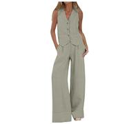 PAIDAXING Women's 2 Piece Suits Summer Office Work V Neck Sleeveless Button Vest & Wide Leg Trousers Set - Breathable Cotton Linen Matching Outfit, Elegant Business Suit for Women