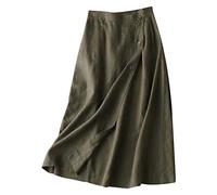 PAIDAXING Women's Army Green Linen Midi Skirt with Diagonal Buttons and High Waist