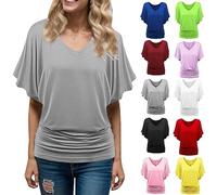 PAIDAXING Womens Blouse Summer Bat Short Sleeve V-Neck Folding Hem T-Shirts Ladies Elegant Ruffle Tunic Oversized Going Out Tops Solid Color Plus Size Loose Fit Cotton Dressy Shirt