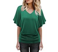 PAIDAXING Womens Blouse Summer Bat Short Sleeve V-Neck Folding Hem T-Shirts Ladies Elegant Ruffle Tunic Oversized Going Out Tops Solid Color Plus Size Loose Fit Cotton Dressy Shirt