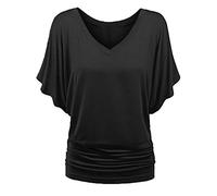 PAIDAXING Womens Blouse Summer Bat Short Sleeve V-Neck Folding Hem T-Shirts Ladies Elegant Ruffle Tunic Oversized Going Out Tops Solid Color Plus Size Loose Fit Cotton Dressy Shirt