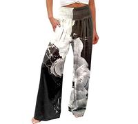 PAIDAXING Women's Boho Floral Print Wide Leg Palazzo Trousers Elasticated High Waist Linen Beach Lounge Pants Ladies Summer Elegant Loose Fit Going Out Office Work Trousers Bottom