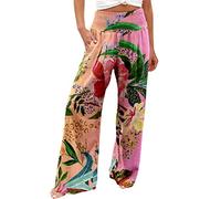 PAIDAXING Women's Boho Floral Print Wide Leg Palazzo Trousers Elasticated High Waist Linen Beach Lounge Pants Ladies Summer Elegant Loose Fit Going Out Office Work Trousers Bottom