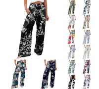 PAIDAXING Women's Boho Floral Print Wide Leg Palazzo Trousers Elasticated High Waist Linen Beach Lounge Pants Ladies Summer Elegant Loose Fit Going Out Office Work Trousers Bottom