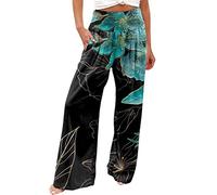 PAIDAXING Women's Boho Floral Print Wide Leg Palazzo Trousers Elasticated High Waist Linen Beach Lounge Pants Ladies Summer Elegant Loose Fit Going Out Office Work Trousers Bottom