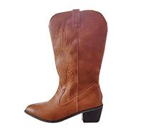 PAIDAXING Women's Brown Cowboy Boots, Size 4.5-8 UK, Embroidered, Mid-Calf, Pointed Toe, Western, Cowgirl, Knight Boots
