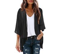 PAIDAXING Women's Chiffon Cardigan 3/4 Sleeve Summer Beach Cover Up Ladies Open Front Kimono Cardigan Shrug Lightweight Sheer Shawl Blouse Casual Beachwear Tops Black