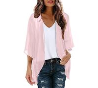 PAIDAXING Women's Chiffon Cardigan 3/4 Sleeve Summer Beach Cover Up Ladies Open Front Kimono Cardigan Shrug Lightweight Sheer Shawl Blouse Casual Beachwear Tops Pink