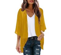 PAIDAXING Women's Chiffon Cardigan 3/4 Sleeve Summer Beach Cover Up Ladies Open Front Kimono Cardigan Shrug Lightweight Sheer Shawl Blouse Casual Beachwear Tops Yellow