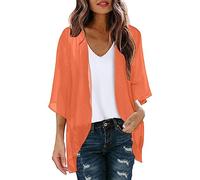 PAIDAXING Women's Chiffon Cardigan 3/4 Sleeve Summer Beach Cover Up Ladies Open Front Kimono Cardigan Shrug Lightweight Sheer Shawl Blouse Casual Beachwear Tops Orange
