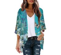 PAIDAXING Womens Chiffon Kimono Cardigans Summer Floral 3/4 Sleeve Open Front Beach Cover Ups Lightweight Sheer Loose Shrug Blouse Ladies Boho Sarong Shawl Tops