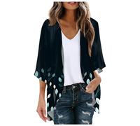 PAIDAXING Womens Chiffon Kimono Cardigans Summer Floral 3/4 Sleeve Open Front Beach Cover Ups Lightweight Sheer Loose Shrug Blouse Ladies Boho Sarong Shawl Tops