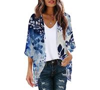 PAIDAXING Womens Chiffon Kimono Cardigans Summer Floral 3/4 Sleeve Open Front Beach Cover Ups Lightweight Sheer Loose Shrug Blouse Ladies Boho Sarong Shawl Tops