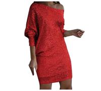 PAIDAXING Womens Cold Shoulder Long Sleeve Sequin Mini Dress Sparkly Glitter Over Knee Length Birthday Cocktail Dress Clubwear Red