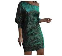 PAIDAXING Womens Cold Shoulder Long Sleeve Sequin Mini Dress Sparkly Glitter Over Knee Length Birthday Cocktail Dress Clubwear Green