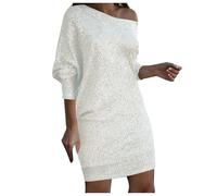 PAIDAXING Womens Cold Shoulder Long Sleeve Sequin Mini Dress Sparkly Glitter Over Knee Length Birthday Cocktail Dress Clubwear Silver