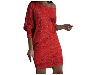 PAIDAXING Womens Cold Shoulder Long Sleeve Sequin Mini Dress Sparkly Glitter Over Knee Length Birthday Cocktail Dress Clubwear Red